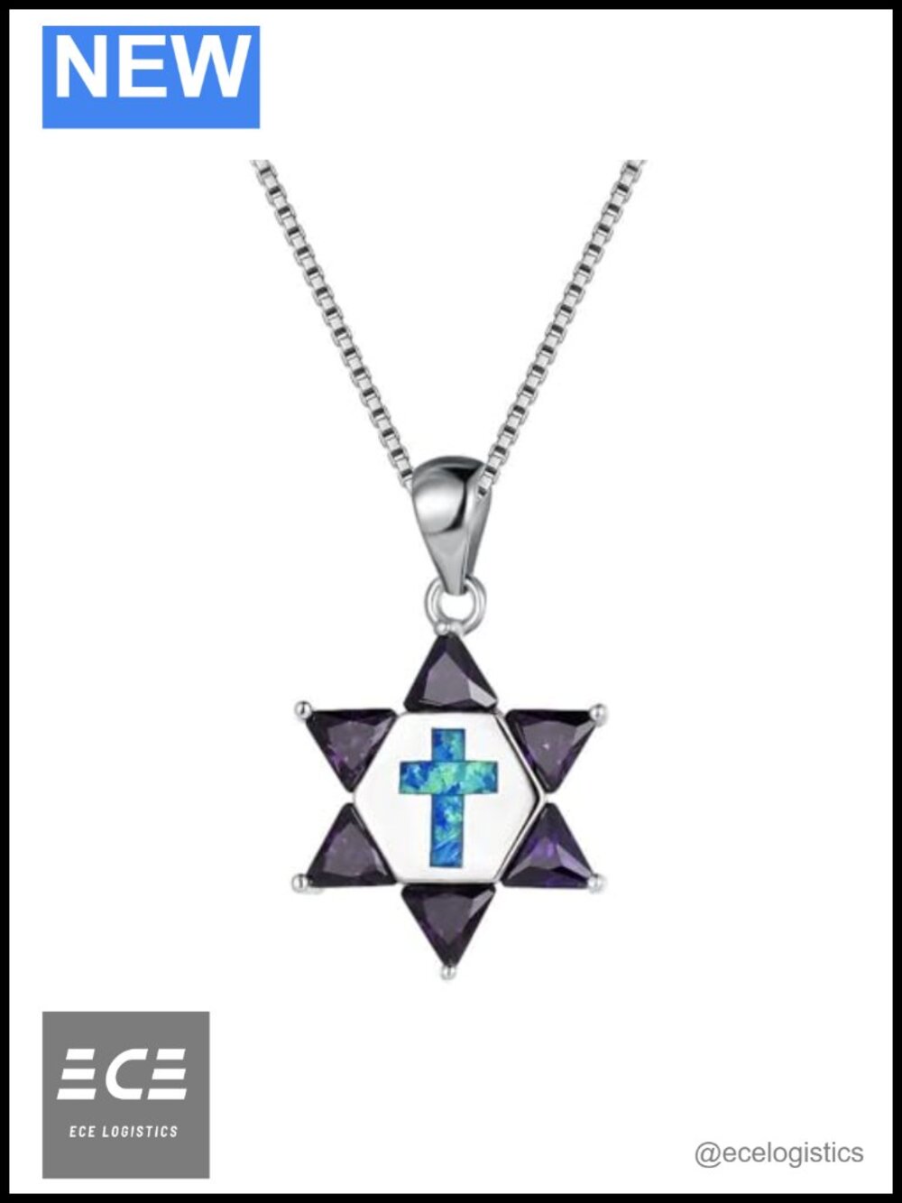 925 Sterling Silver Blue Opal Star of David Cross Necklace Choker